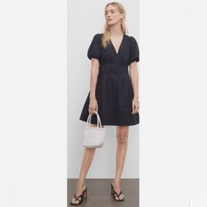 Club Monaco Black Double V Mini Dress with Puff Sleeves